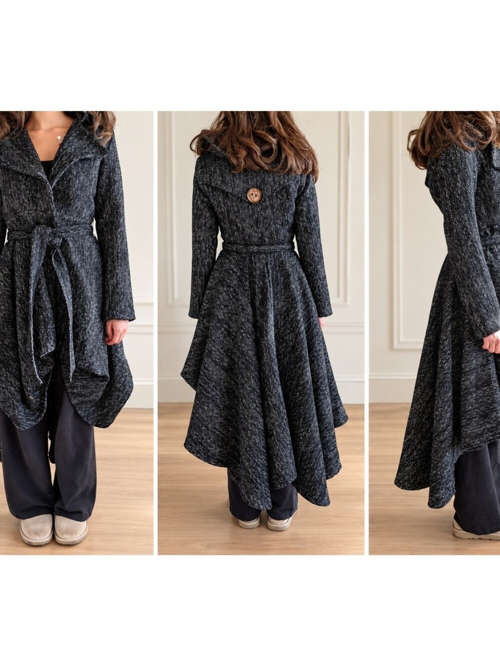 AKIRA Black & White Tweed High-Low Belted Trench Coat